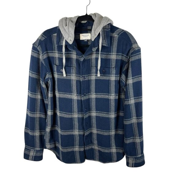 American Eagle Men Size XS Shirt Button Down Top Hoodie Flannel Blue Gray Plaid - Picture 1 of 10